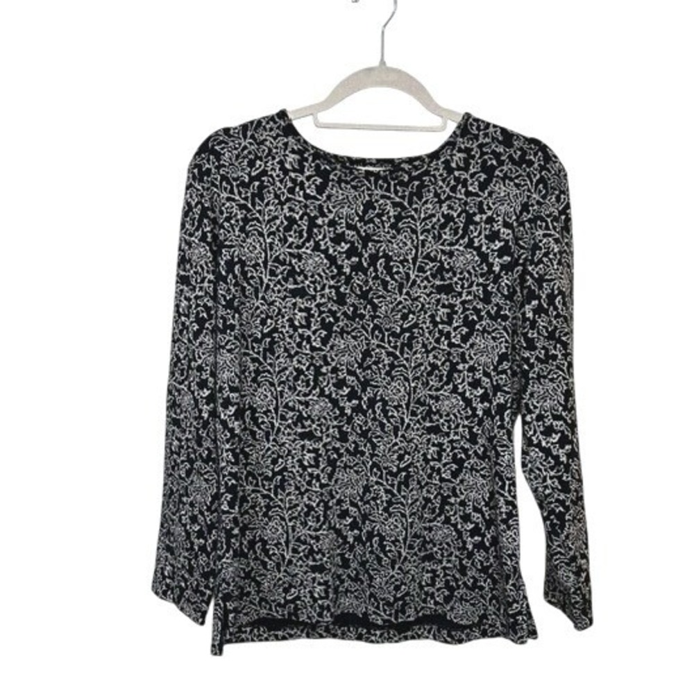 Chicos Black White Floral Cotton Long Sleeve Top Soft Classic Elegant Size 2 (L)